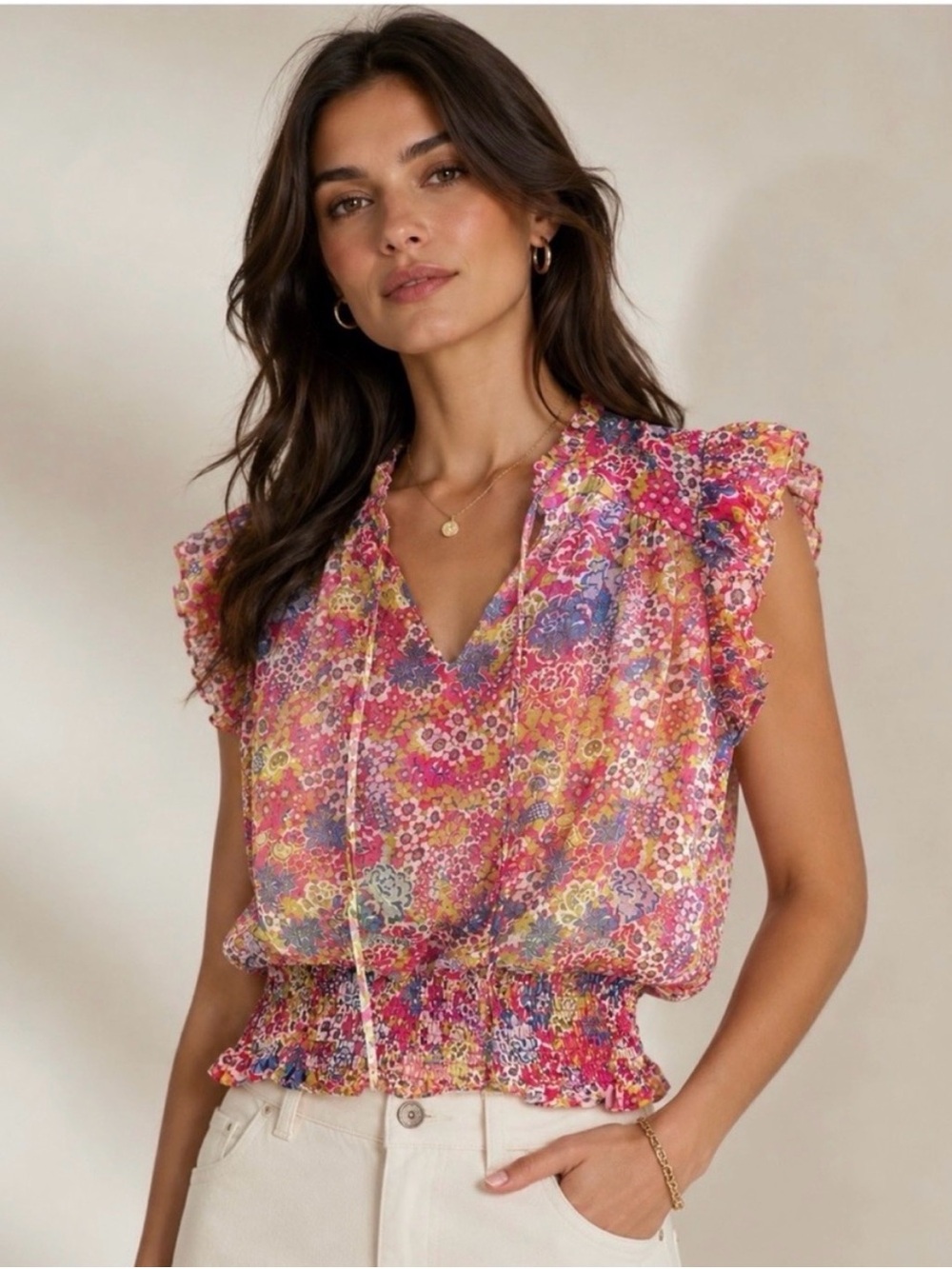 Joie $248 Floral Smocked Waist Ruffle Sleeveless Top - size M romantic feminine